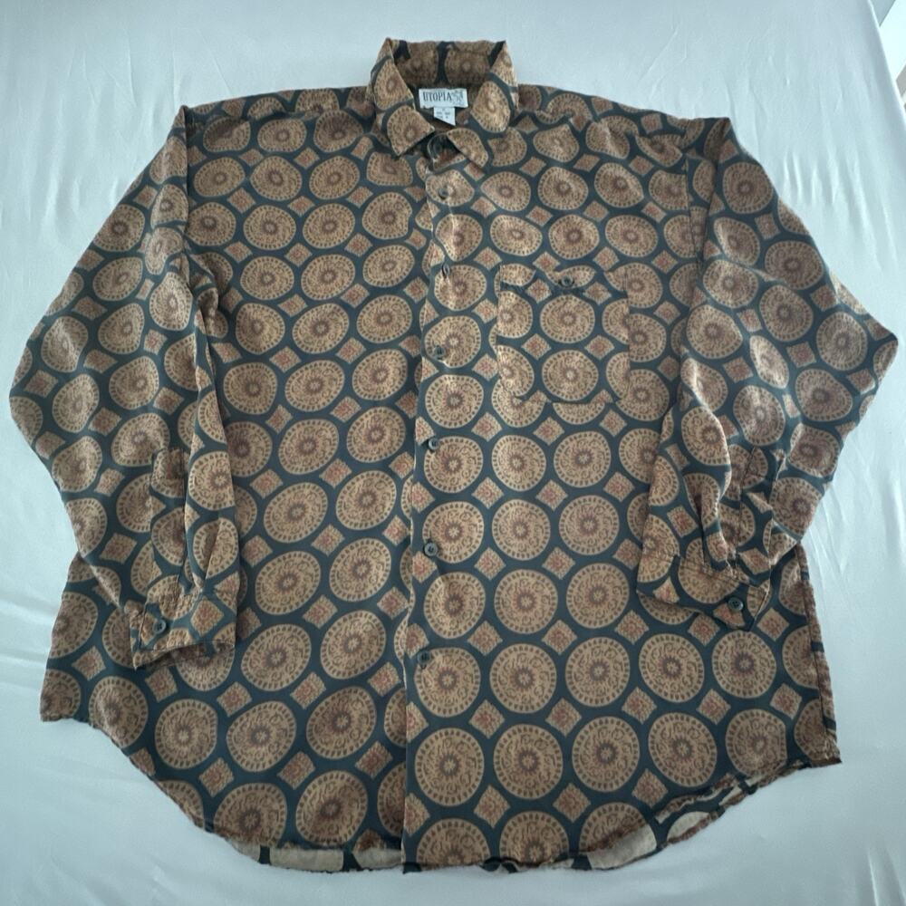 Vintage Utopia 100% Silk Button Down Shirt Size XL Men’s Brown/Black